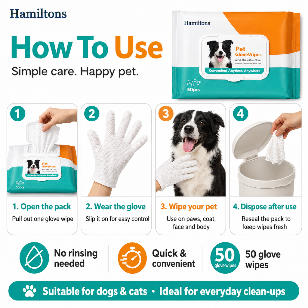 Hamiltons Pet Glove Wipes for Dogs & Cats – 50 Moisturising Grooming Wipes with Jojoba Oil, Honey & Shea Butter