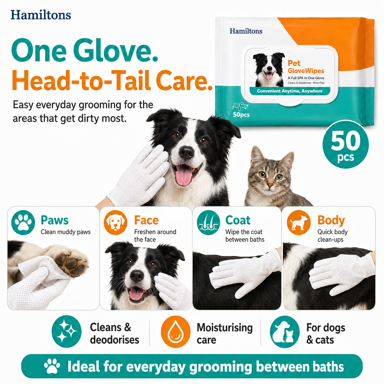 Hamiltons Pet Glove Wipes for Dogs & Cats – 50 Moisturising Grooming Wipes with Jojoba Oil, Honey & Shea Butter