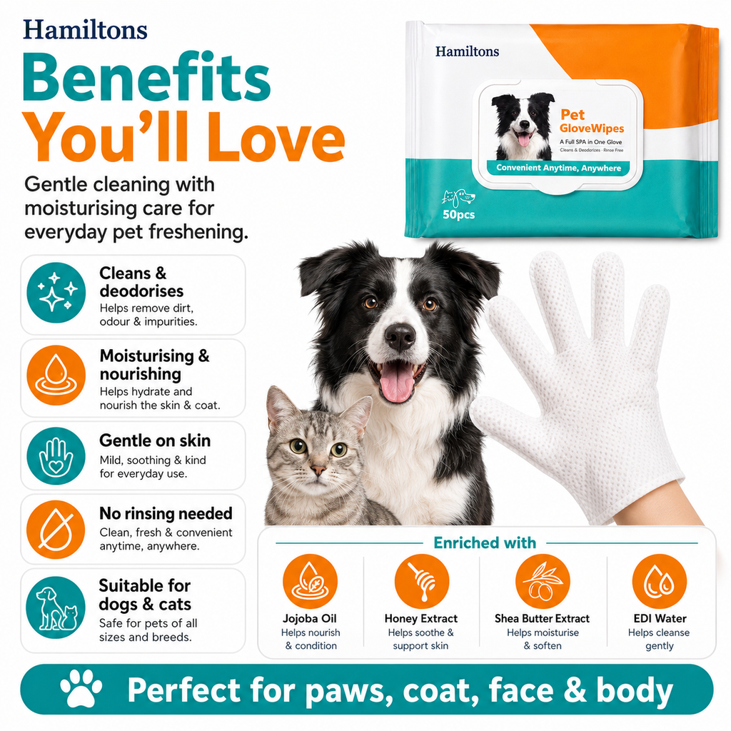 Hamiltons Pet Glove Wipes for Dogs & Cats – 50 Moisturising Grooming Wipes with Jojoba Oil, Honey & Shea Butter