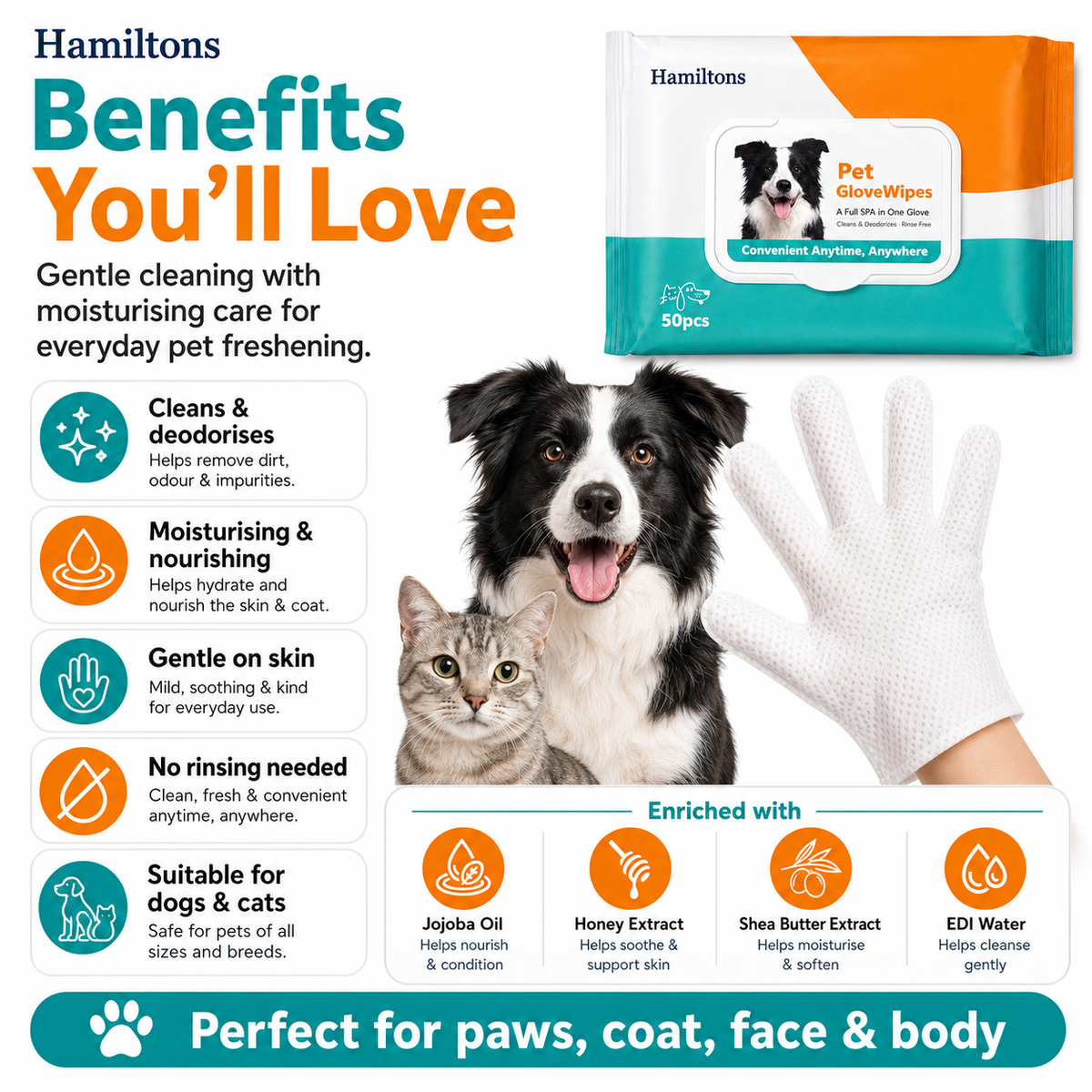 Hamiltons Pet Glove Wipes for Dogs & Cats – 50 Moisturising Grooming Wipes with Jojoba Oil, Honey & Shea Butter
