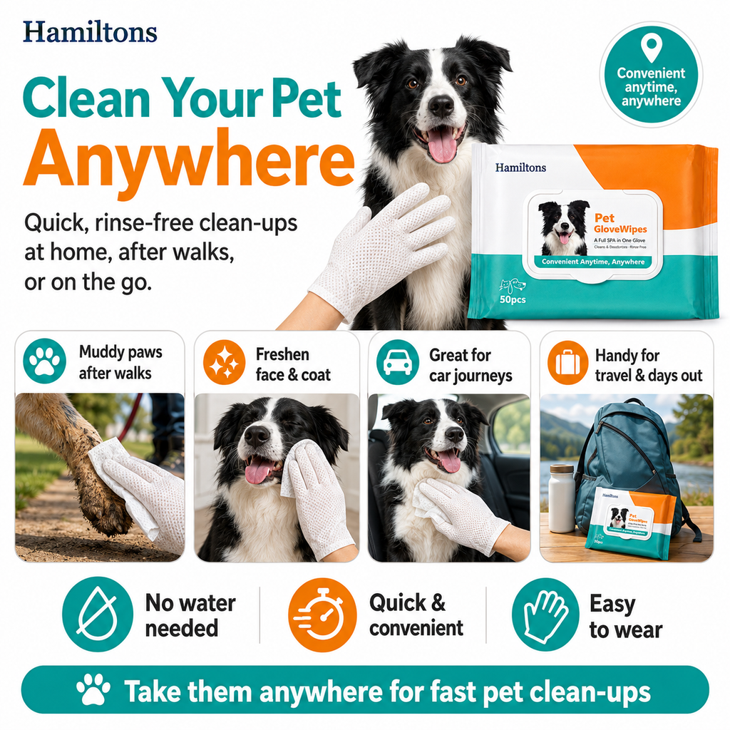 Hamiltons Pet Glove Wipes for Dogs & Cats – 50 Moisturising Grooming Wipes with Jojoba Oil, Honey & Shea Butter