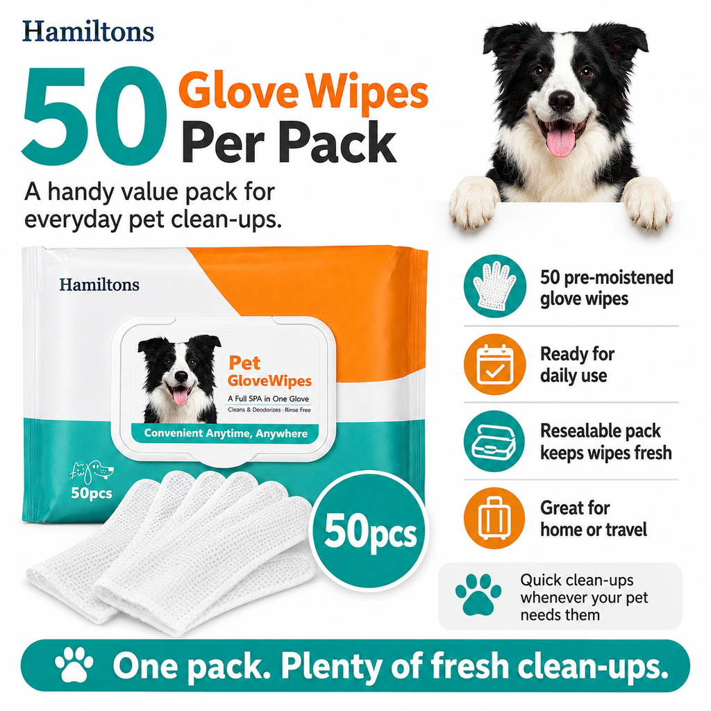 Hamiltons Pet Glove Wipes for Dogs & Cats – 50 Moisturising Grooming Wipes with Jojoba Oil, Honey & Shea Butter