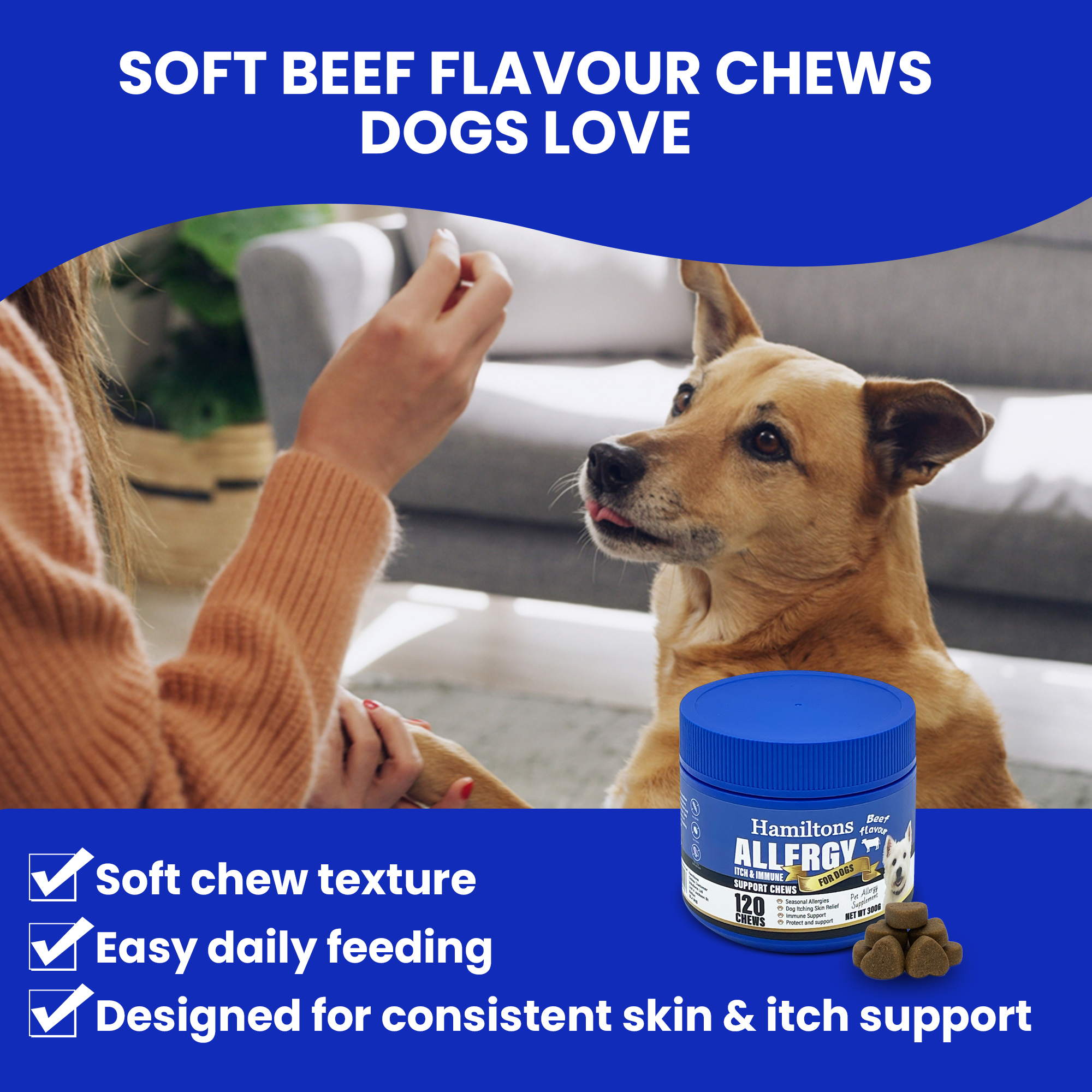 Hamiltons Allergy & Itch Chews for Dogs – Immune Support Soft Chews with Probiotics 120 Beef Flavour Chews