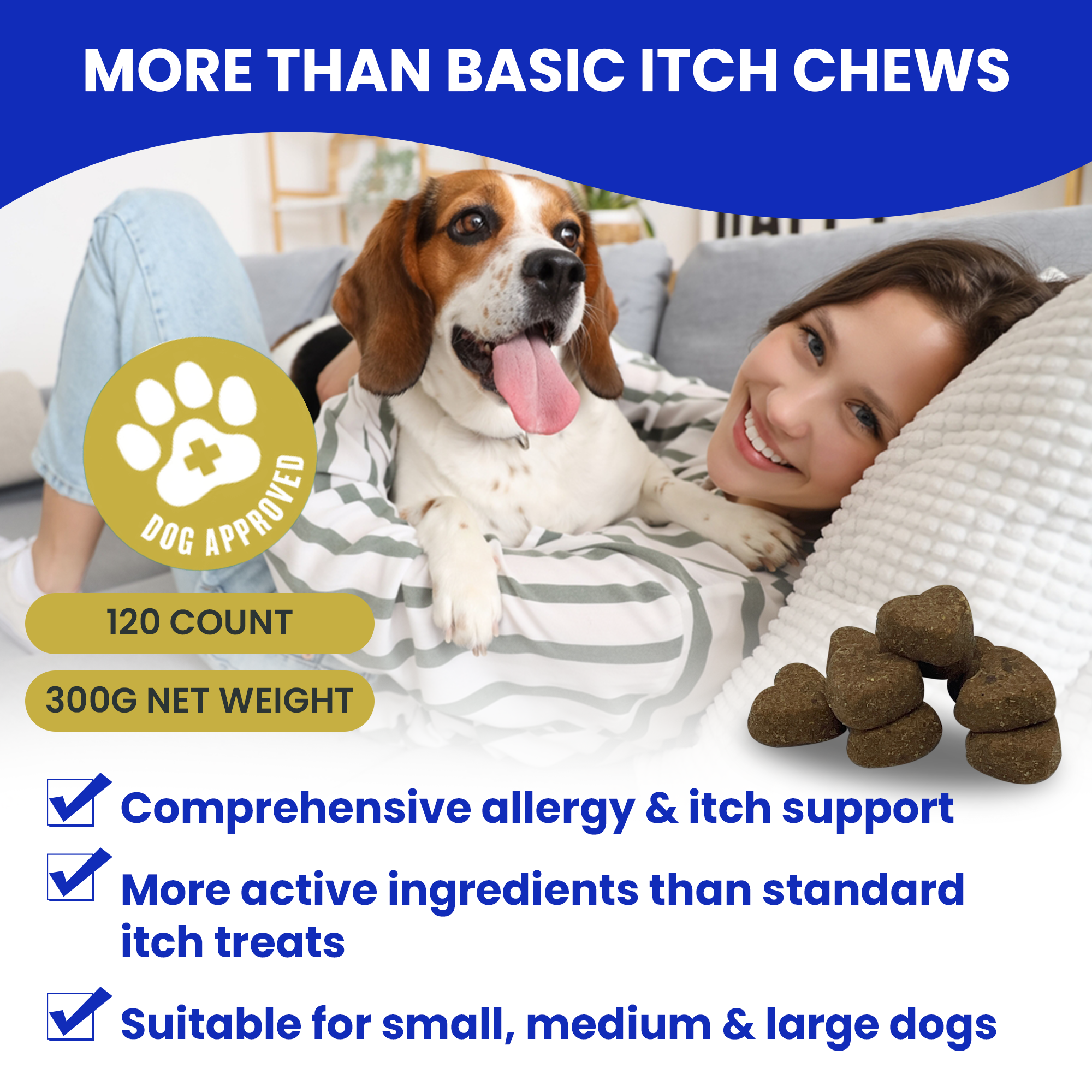 Dog with a girl on a couch next to pet treats, with text about the product's features.