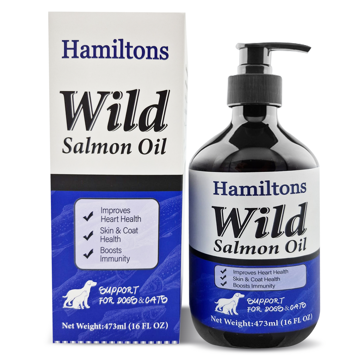 Hamiltons Wild Salmon Oil bottle and packaging on a white background