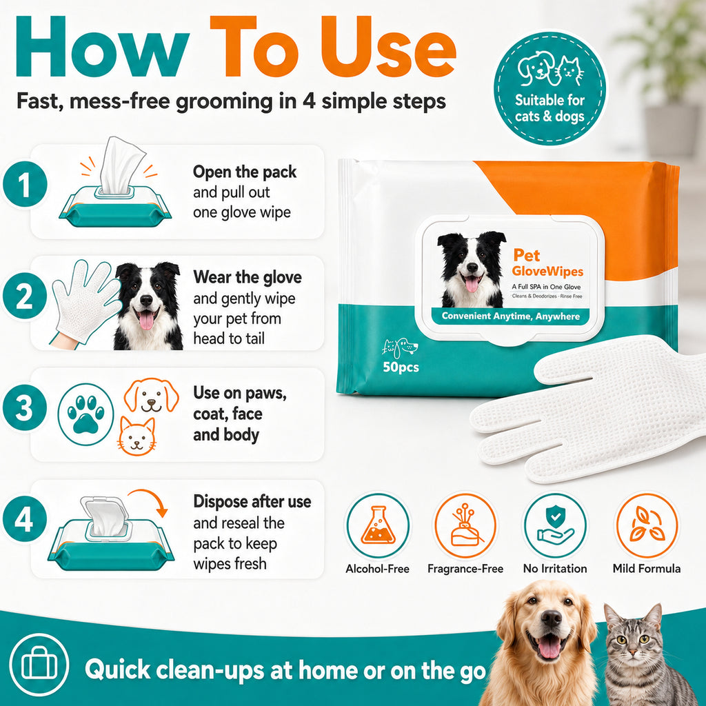 Hamiltons Pet Glove Wipes for Dogs & Cats – 50 Moisturising Grooming Wipes with Jojoba Oil, Honey & Shea Butter