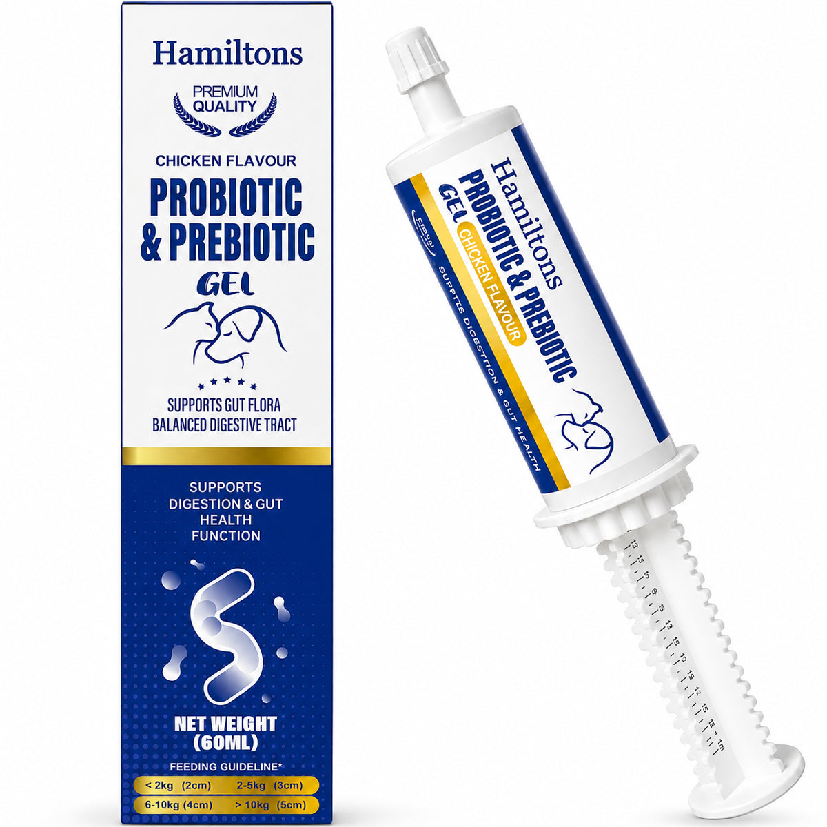 Hamiltons Probiotic and Prebiotic Gel packaging with tube on a white background