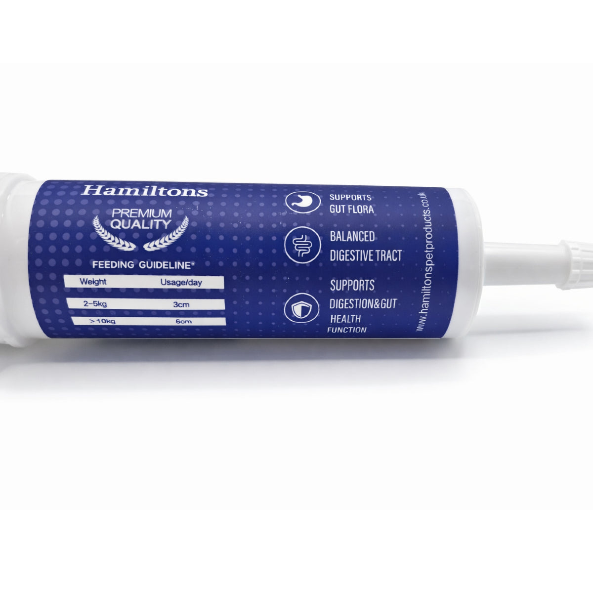 Hamiltons pet supplement tube with blue label on a white background